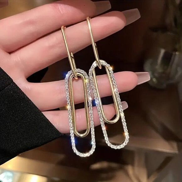 NEW sparkling crystal & gold drop dangle paper clip earrings - Picture 1 of 11
